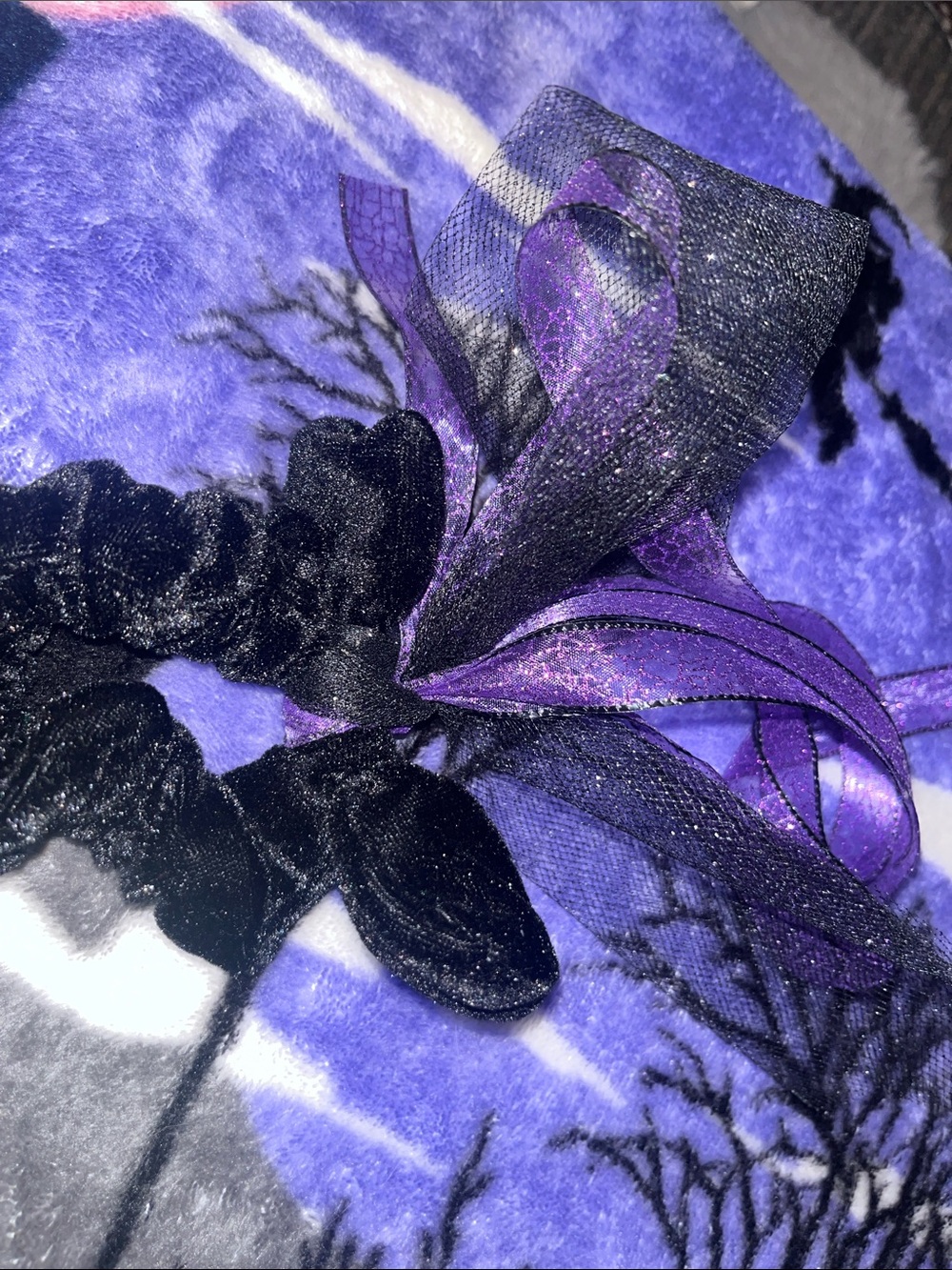 Black Velvet Scrunchie with Purple Glitter Bow - Women’s Hair Accessory 27